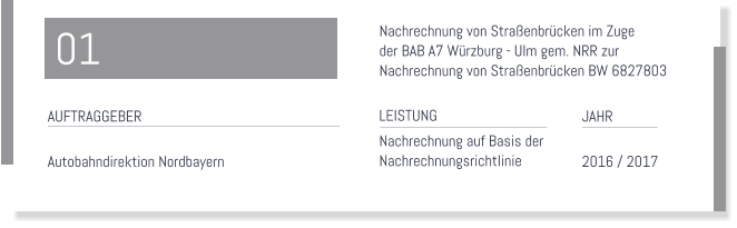 Nachrechnung von Straenbrcken im Zuge  der BAB A7 Wrzburg - Ulm gem. NRR zur  Nachrechnung von Straenbrcken BW 6827803  LEISTUNG Nachrechnung auf Basis der  Nachrechnungsrichtlinie  JAHR   2016 / 2017  AUFTRAGGEBER  Autobahndirektion Nordbayern  01