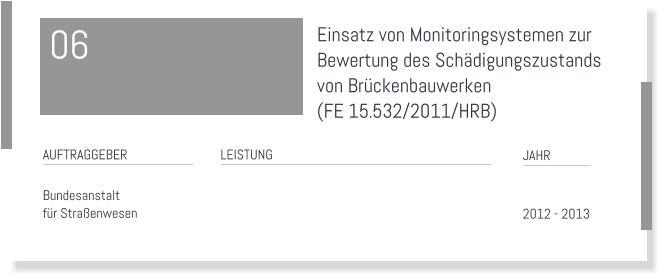 Einsatz von Monitoringsystemen zur  Bewertung des Schdigungszustands von Brckenbauwerken  (FE 15.532/2011/HRB)    LEISTUNG   JAHR    2012 - 2013  AUFTRAGGEBER  Bundesanstalt  fr Straenwesen  06
